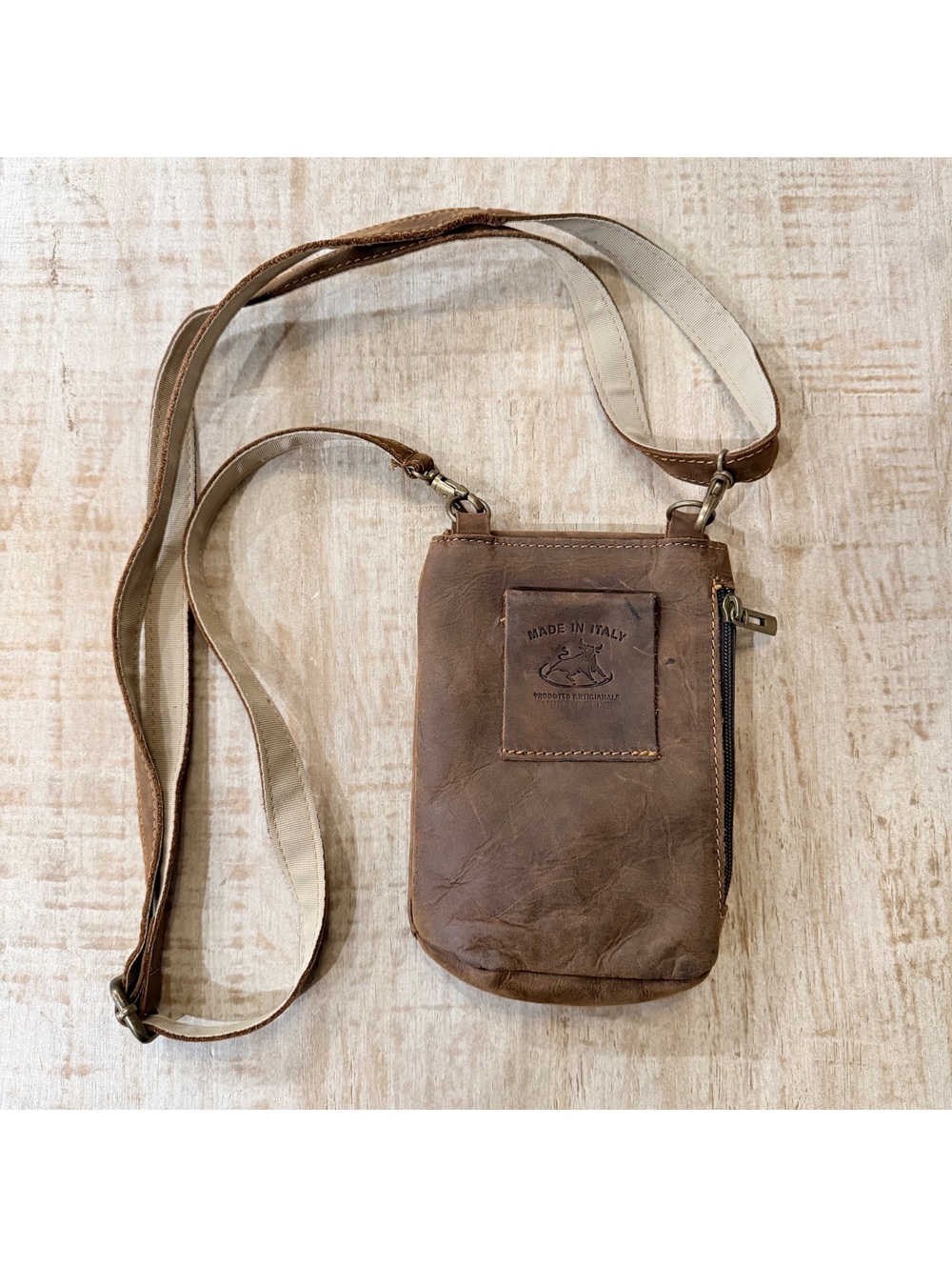 Made in Italy Vera Pelle Brown Leather Crossbody Bag Artisan Plaid Lined